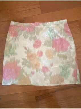 H&M Metallic Floral Mini Skirt Watercolor Print Gold Sheen Zip Back US 8